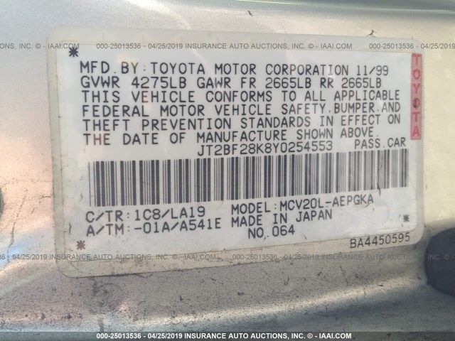 JT2BF28K8Y0254553 - 2000 TOYOTA CAMRY LE/XLE SILVER photo 9