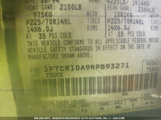 1FTCR10A9RPB93271 - 1994 FORD RANGER GRAY photo 9