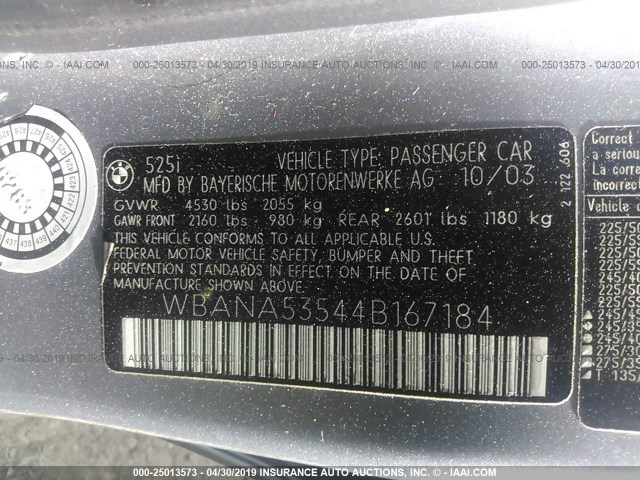 WBANA53544B167184 - 2004 BMW 525 I SILVER photo 9