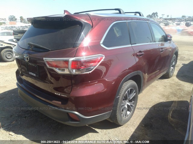 5TDJKRFH6GS233789 - 2016 TOYOTA HIGHLANDER XLE BURGUNDY photo 4