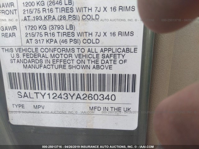 SALTY1243YA260340 - 2000 LAND ROVER DISCOVERY II  მწვანე ფოტო 9