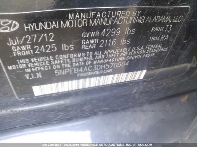 5NPEB4AC3DH570504 - 2013 HYUNDAI SONATA GLS BLACK photo 9