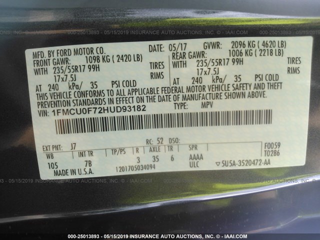 1FMCU0F72HUD93182 - 2017 FORD ESCAPE S GRAY photo 9