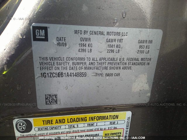 1G1ZC5EB1A4148859 - 2010 CHEVROLET MALIBU 1LT 灰色 照片 9