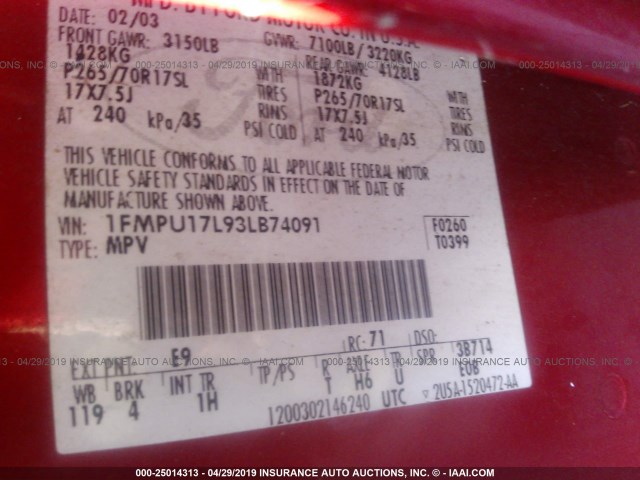1FMPU17L93LB74091 - 2003 FORD EXPEDITION EDDIE BAUER RED photo 9