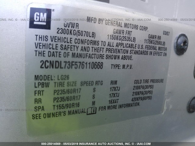 2CNDL73F576110668 - 2007 CHEVROLET EQUINOX LT SILVER photo 9