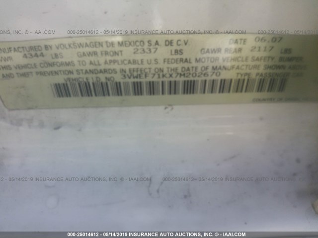 3VWEF71KX7M202670 - 2007 VOLKSWAGEN JETTA WOLFSBURG 白色 照片 9