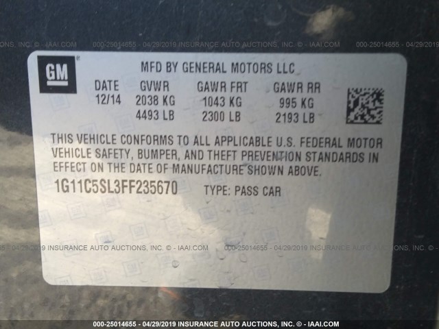 1G11C5SL3FF235670 - 2015 CHEVROLET MALIBU 1LT BLACK photo 9