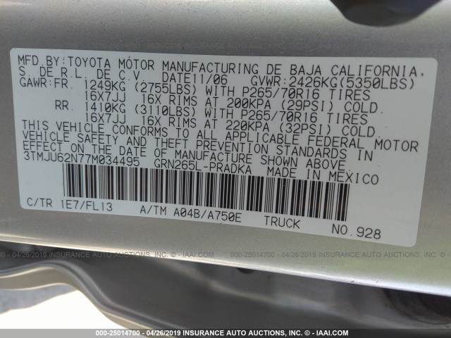 3TMJU62N77M034495 - 2007 TOYOTA TACOMA DOUBLE CAB PRERUNNER SILVER photo 9