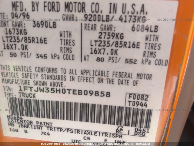 1FTJW35H0TEB09858 - 1996 FORD F350 ORANGE photo 9