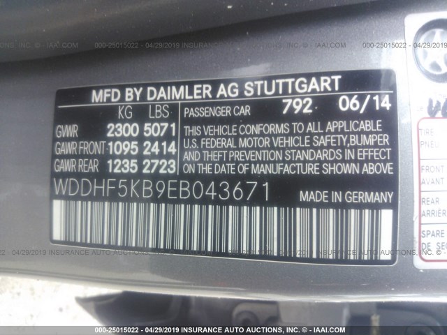 WDDHF5KB9EB043671 - 2014 MERCEDES-BENZ E 350 GRAY photo 9