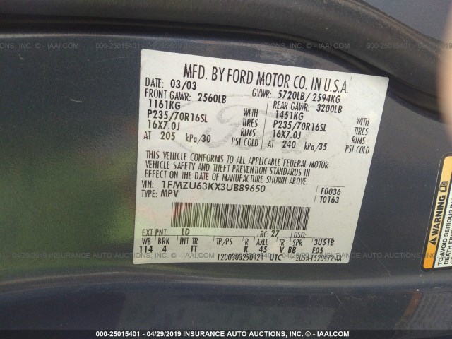 1FMZU63KX3UB89650 - 2003 FORD EXPLORER XLT/XLT SPORT/NBX Mavi foto 9