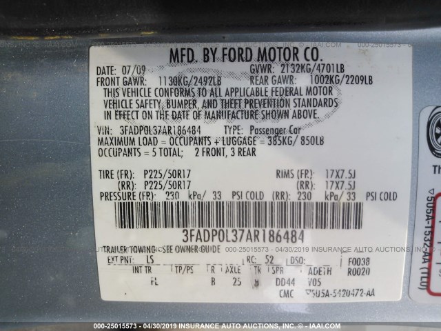 3FADP0L37AR186484 - 2010 FORD FUSION HYBRID BLUE photo 9