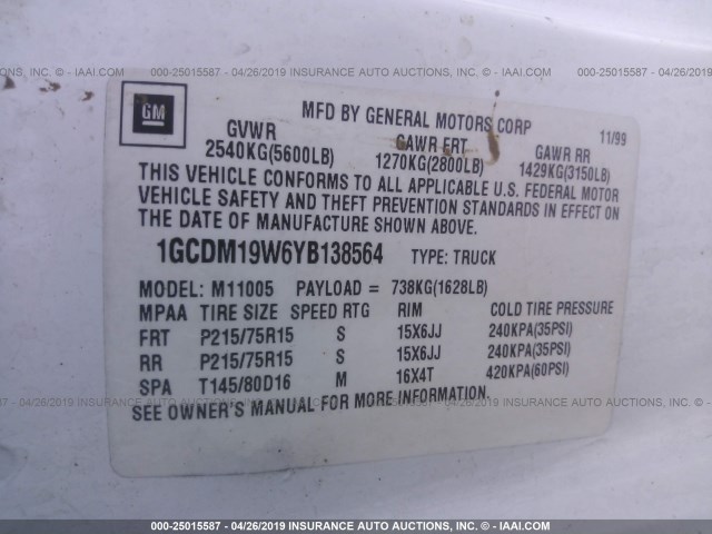 1GCDM19W6YB138564 - 2000 CHEVROLET ASTRO WHITE photo 9