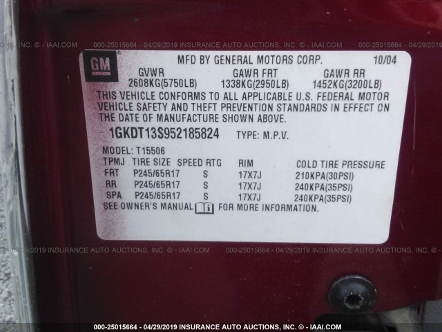 1GKDT13S952185824 - 2005 GMC ENVOY RED photo 9