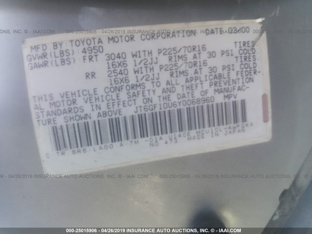 JT6GF10U6Y0068960 - 2000 LEXUS RX 300 SILVER photo 9