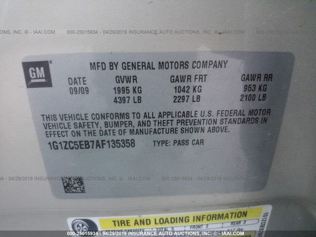 1G1ZC5EB7AF135358 - 2010 CHEVROLET MALIBU 1LT TAN photo 9