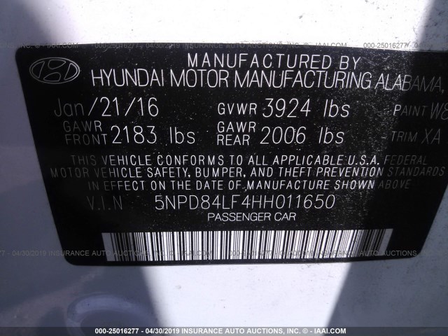 5NPD84LF4HH011650 - 2017 HYUNDAI ELANTRA SE/VALUE/LIMITED 白色 照片 9