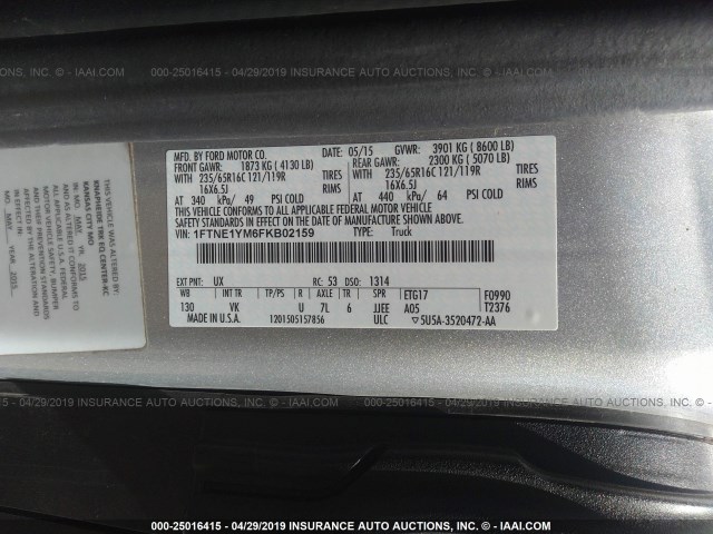 1FTNE1YM6FKB02159 - 2015 FORD TRANSIT T-150 GRAY photo 9