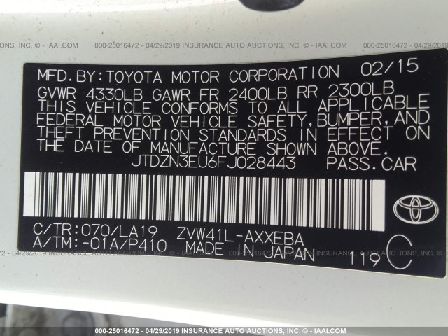 JTDZN3EU6FJ028443 - 2015 TOYOTA PRIUS V WHITE photo 9