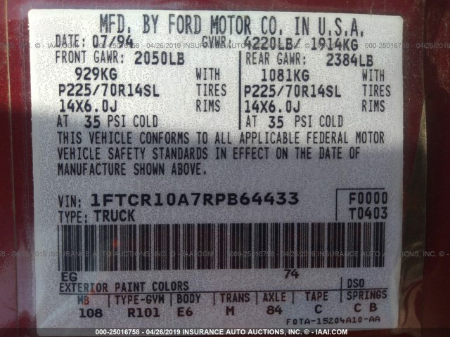 1FTCR10A7RPB64433 - 1994 FORD RANGER RED photo 9