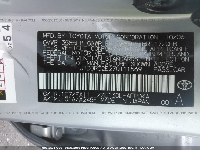 JTDBR32E270111569 - 2007 TOYOTA COROLLA CE/LE/S SILVER photo 9