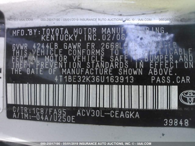 4T1BE32K36U163913 - 2006 TOYOTA CAMRY LE/XLE/SE SILVER photo 9