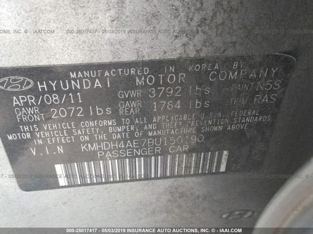 KMHDH4AE7BU150190 - 2011 HYUNDAI ELANTRA GLS/LIMITED SILVER photo 9