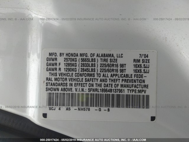 5FNRL18964B137961 - 2004 HONDA ODYSSEY EXL WHITE photo 9