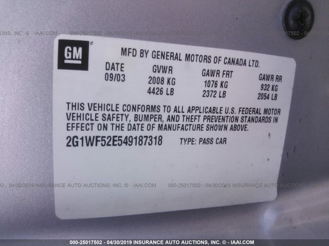 2G1WF52E549187318 - 2004 CHEVROLET IMPALA SILVER photo 9