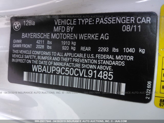 WBAUP9C50CVL91485 - 2012 BMW 128 I WHITE photo 9