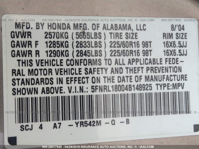 5FNRL18004B148925 - 2004 HONDA ODYSSEY EXL GOLD photo 9