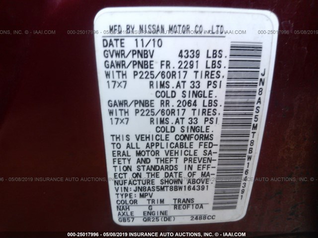 JN8AS5MT8BW164391 - 2011 NISSAN ROGUE RED photo 9