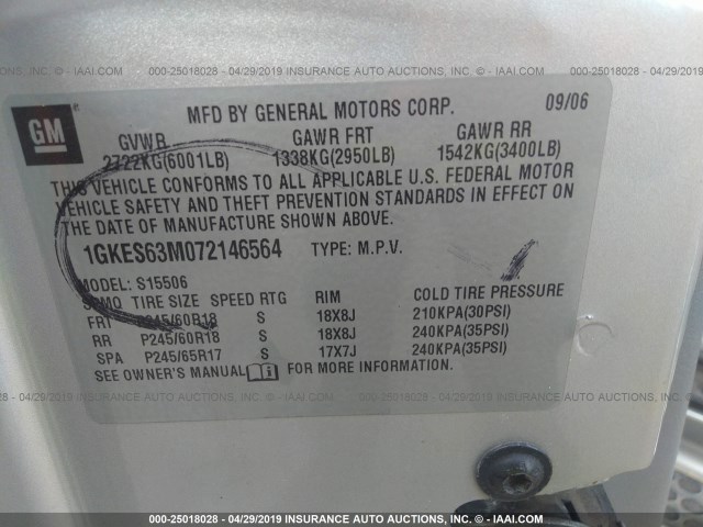 1GKES63M072146564 - 2007 GMC ENVOY DENALI SILVER photo 9