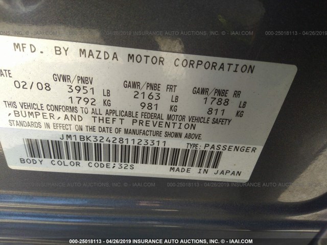 JM1BK324281123311 - 2008 MAZDA 3 S GRAY photo 9