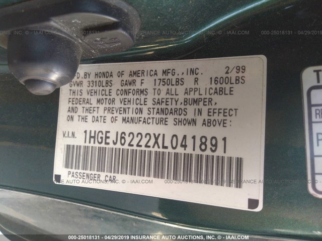 1HGEJ6222XL041891 - 1999 HONDA CIVIC DX GREEN photo 9