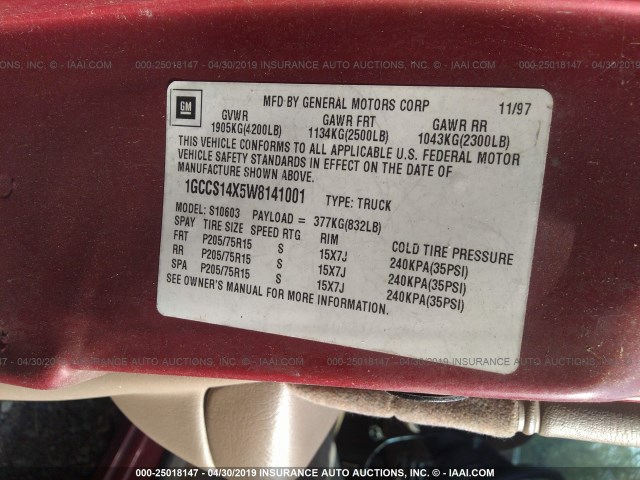 1GCCS14X5W8141001 - 1998 CHEVROLET S TRUCK S10 RED photo 9