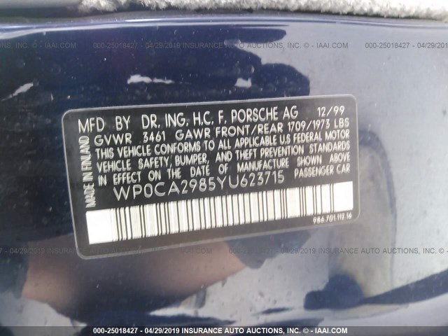 WP0CA2985YU623715 - 2000 PORSCHE BOXSTER BLUE photo 9