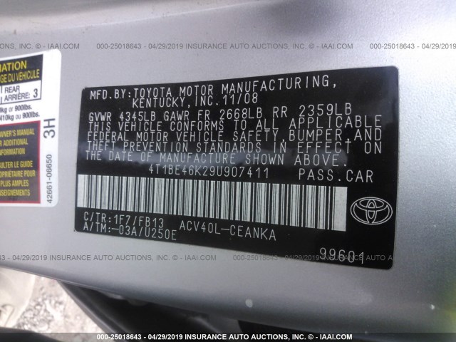 4T1BE46K29U907411 - 2009 TOYOTA CAMRY SE/LE/XLE SILVER photo 9