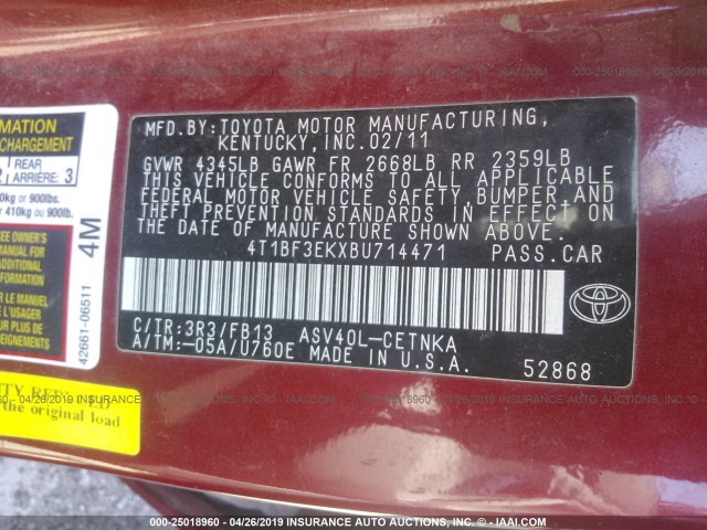 4T1BF3EKXBU714471 - 2011 TOYOTA CAMRY SE/LE/XLE RED photo 9