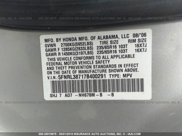 5FNRL38717B400291 - 2007 HONDA ODYSSEY EXL GRAY photo 9