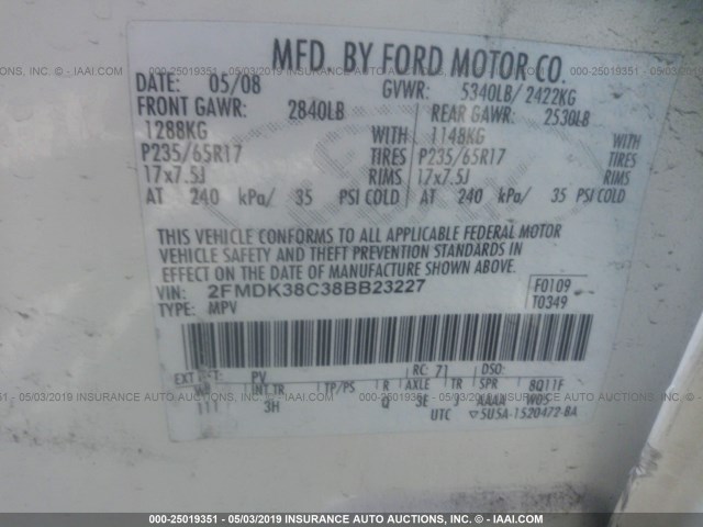 2FMDK38C38BB23227 - 2008 FORD EDGE SEL WHITE photo 9