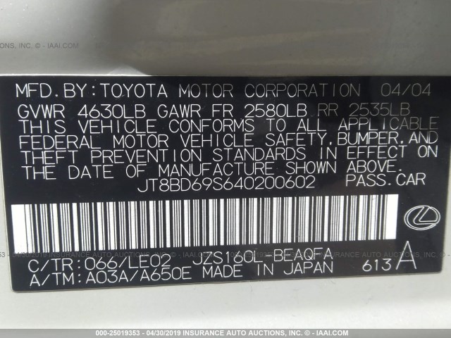 JT8BD69S640200602 - 2004 LEXUS GS 300 WHITE photo 9