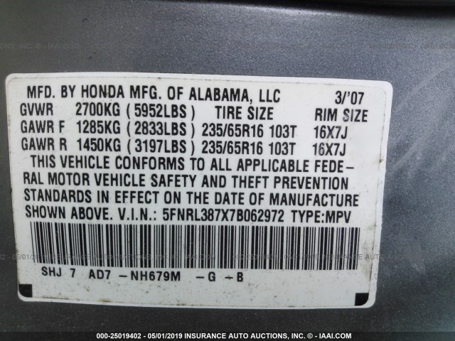 5FNRL387X7B062972 - 2007 HONDA ODYSSEY EXL Light Blue photo 9