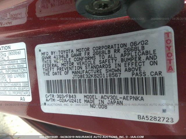 JTDBE32K820118567 - 2002 TOYOTA CAMRY LE/XLE/SE RED photo 9