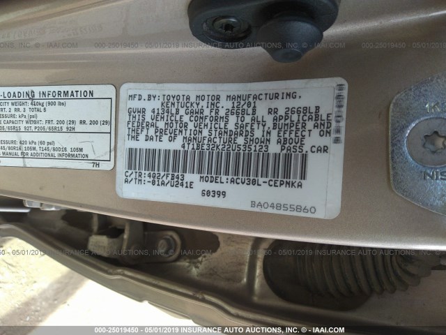 4T1BE32K22U535123 - 2002 TOYOTA CAMRY LE/XLE/SE GOLD photo 9