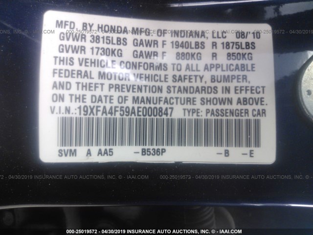 19XFA4F59AE000847 - 2010 HONDA CIVIC GX Dark Blue photo 9