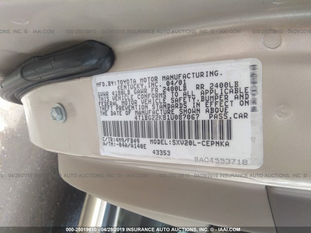 4T1BG22K81U087067 - 2001 TOYOTA CAMRY CE/LE/XLE GOLD photo 9