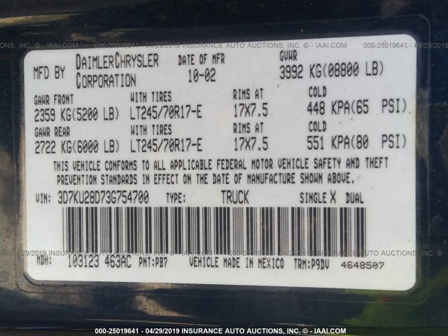 3D7KU28D73G754700 - 2003 DODGE RAM 2500 ST/SLT 蓝色 照片 9