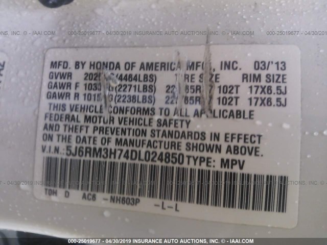 5J6RM3H74DL024850 - 2013 HONDA CR-V EXL WHITE photo 9